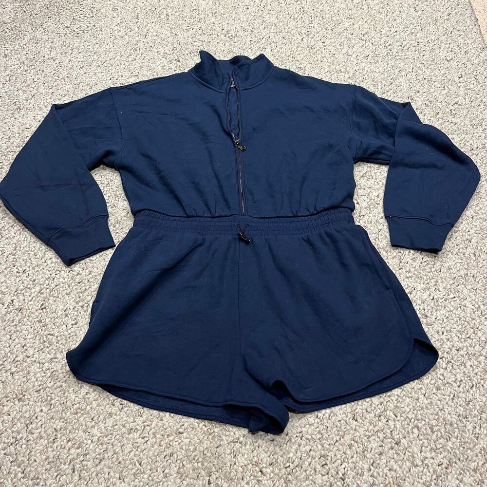 Victoria's Secret On Point Cotton Fleece Romper L Navy Blue Athleisure Casual